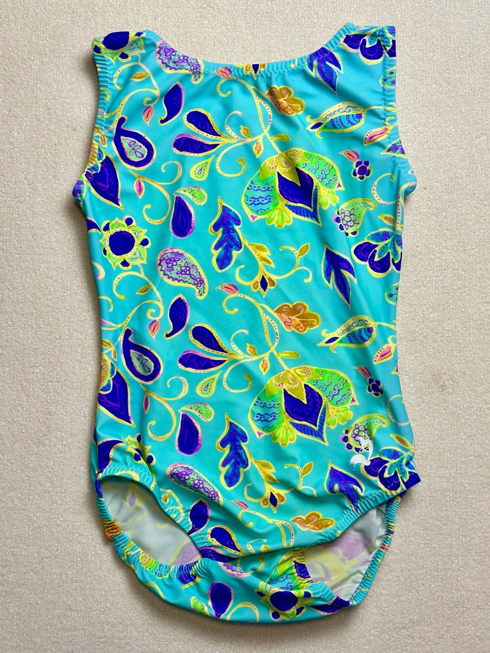 CUTE Foxy’s Paisley Leotard BRIGHT Turquoise & Purple Floral Gymnastics DANCE 8